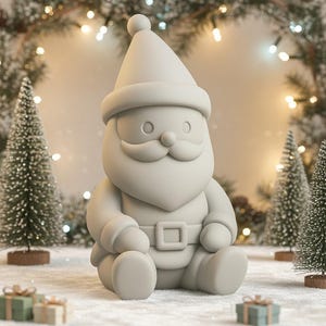 Peut inclure: Une figurine de Père Noël gris clair avec un chapeau, une barbe et une ceinture. La figurine est assise sur une surface enneigée, entourée de petits arbres de Noël et de cadeaux emballés. L'arrière-plan présente une guirlande lumineuse floue.
