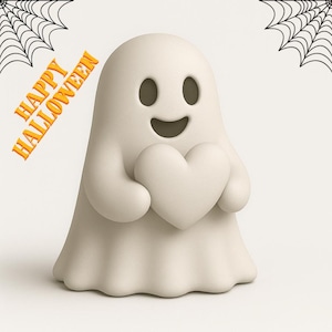 ハート型のかわいいゴーストSTLファイル | 3Dプリント可能なハロウィンフィギュア | 不気味でかわいいゴースト3Dモデル | ハロウィンデコレーション用デジタルダウンロード