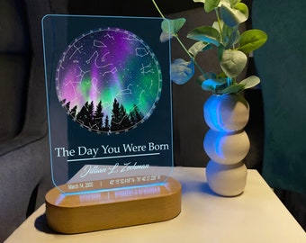 Veilleuse carte des étoiles le jour de votre naissance - Cadeau d'anniversaire personnalisé - Cadeau d'anniversaire 1er 2e 3e 13e 16e 18e 21e anniversaire - Anniversaire fille