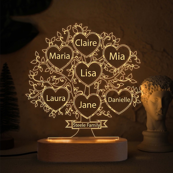 Custom Night Light, Family Tree Shaped Night Light, Mother's Day Gift, Personalized Gift for Mom, Gift for Grandmother, Gift for Nana