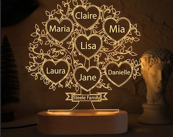 Luce notturna personalizzata, Luce notturna a forma di albero genealogico, Regalo per la festa della mamma, Regalo personalizzato per la mamma, Regalo per la nonna, Regalo per la nonna