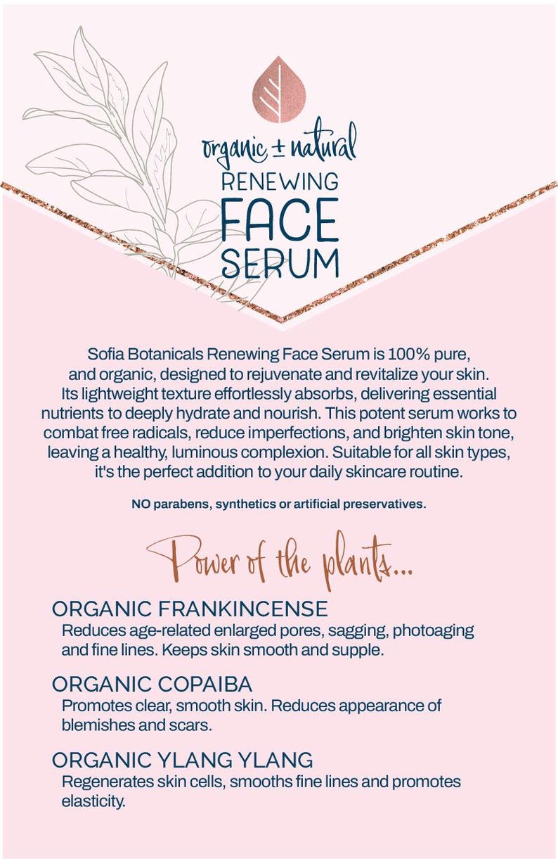 Op de afbeelding: Een roze en witte advertentie voor Sofia Botanicals Renewing Face Serum. De tekst bevat "organic + natural", "FACE SERUM" en beschrijvingen van de voordelen van het product, waaronder het verminderen van onvolkomenheden.