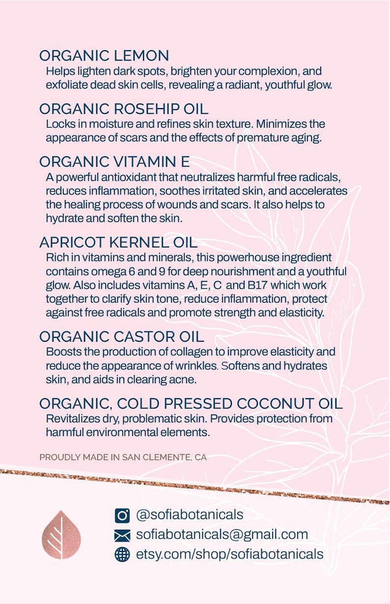 Op de afbeelding: Een roze en witte afbeelding met de voordelen van biologische huidverzorgingsingredi&euml;nten. De tekst beschrijft biologische citroen, rozenbottelolie, vitamine E, abrikozenpitolie, ricinusolie en koudgeperste kokosolie. Contactgegevens worden verstrekt.