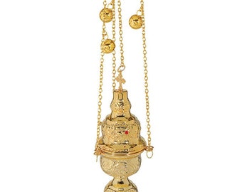 Christian Hanging Brass and stones  Incense Burner goldplated - 25cm x 9cm-with 50 grams of frankincense Mount Athos Byzantine aroma