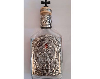 Incroyable bouteille d'eau bénite en verre avec icône Saint Michel en argent pur 999 et bouchon à vis en plastique avec croix 20 cm x 8 cm x 3 cm-200 ml