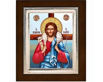 Icon with silver frame 925 ′   The good shepherd 26,5cm x 21,5cm