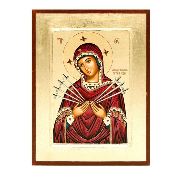 Amazing silkscreen icon-Virgin Mary with the seven arrows-22k gold leaves