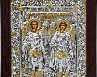 Wood-carved icon Saint Michael and Gabriel with frame in brown color with 925 silver coating and local gilding