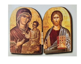 Diptych Virgin Mary and Jesus Handmade Greek Orthodox icon and carved wood , Lithography 7cm x 10cm