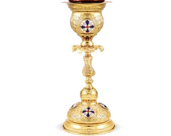 Brass Table Oil Vigil Lamp goldplated & enamel, Hand-painted Prayer Standing Oil Lamp, Orthodox Oil Candle with glass cup 14cm x 31cm