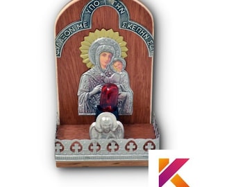 Amazing Virgin Mary icon wood and metal silver and gold with light electric  10cm x 16cm