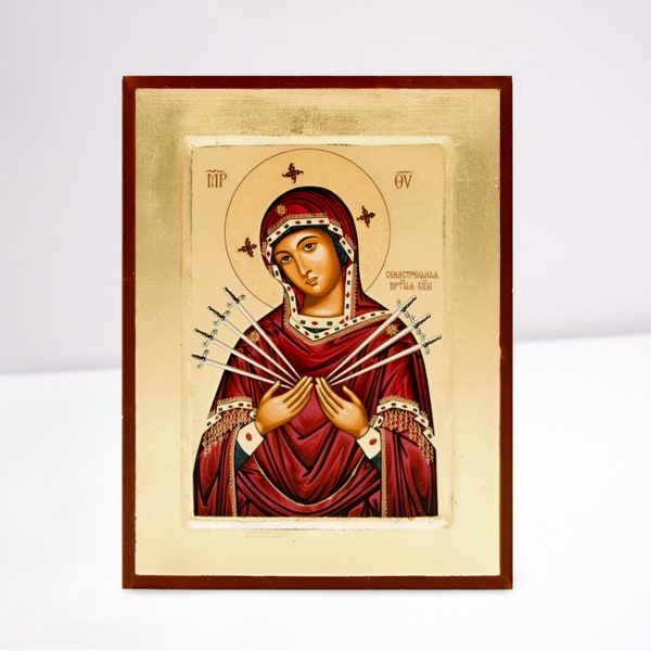 Icono serigrafiado de madera tallado en madera natural con pan de oro 22k -Virgen María con las siete flechas