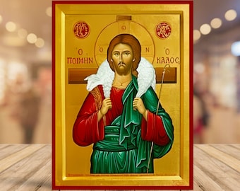 Jesus Christ icon The Good Shepherd, Handmade Greek Orthodox icon of our Lord, Byzantine art-Lithography