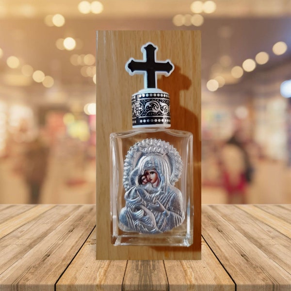 Holy Water Glass Bottle With metal colored Silver Theotokos Icon and plastic screw cap with cros 11cm x 4,5cm x 2,2cm
