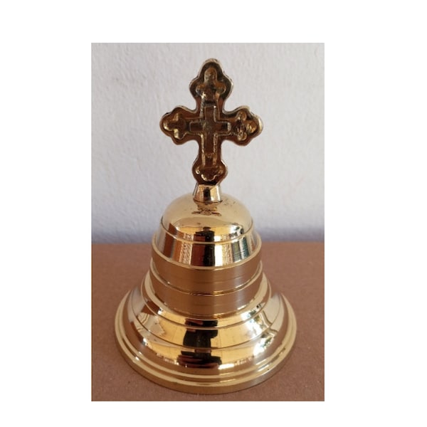 Vintage Christian brass bell with cross on the handle Church Bell Visitors Bell, 11cm