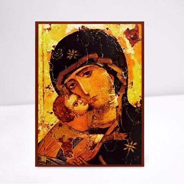 Virgin Mary Vladimir, Handmade Greek Orthodox icon , Lithography