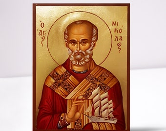 Icona greco-ortodossa fatta a mano di San Nicola, litografia con foglia d'oro