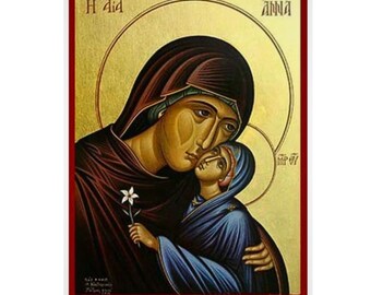 Saint Anna and Virgin Mary, Handmade Greek Orthodox icon , Byzantine art-Lithography