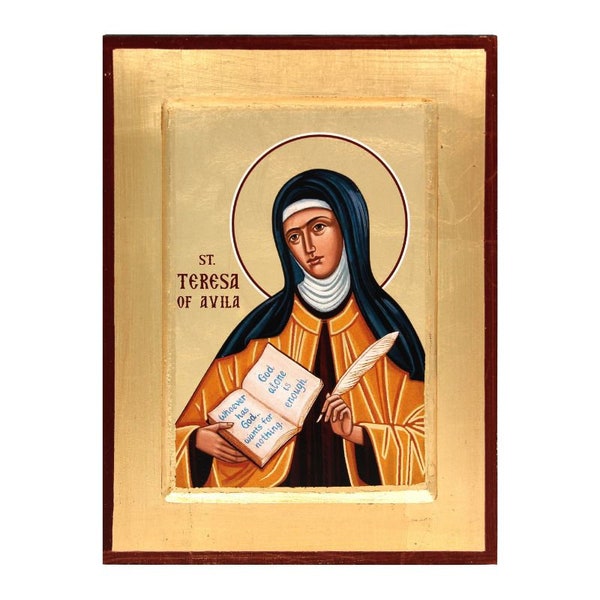 Wooden silkscreen icon  carved in natural wood with gold leaf 22k -Saint Teresa of Avila