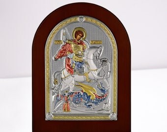 Icon of Saint George Silver in Brown Wood with local gilding and enamel 18x24cm