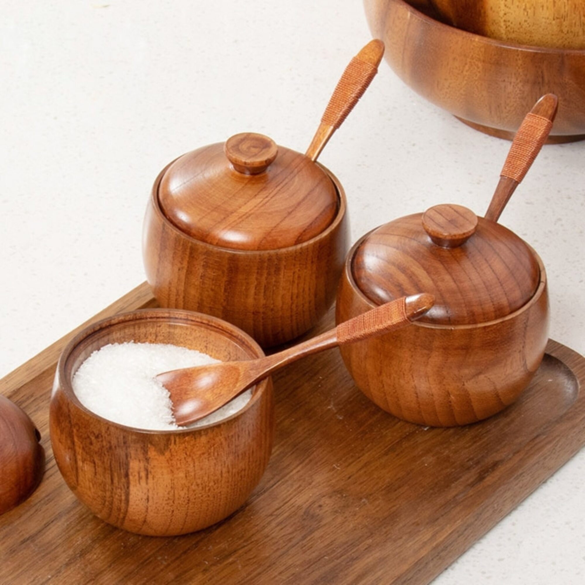 Natural Wooden Sugar Storage Bowl With Lid & Spoon Wooden Etsy