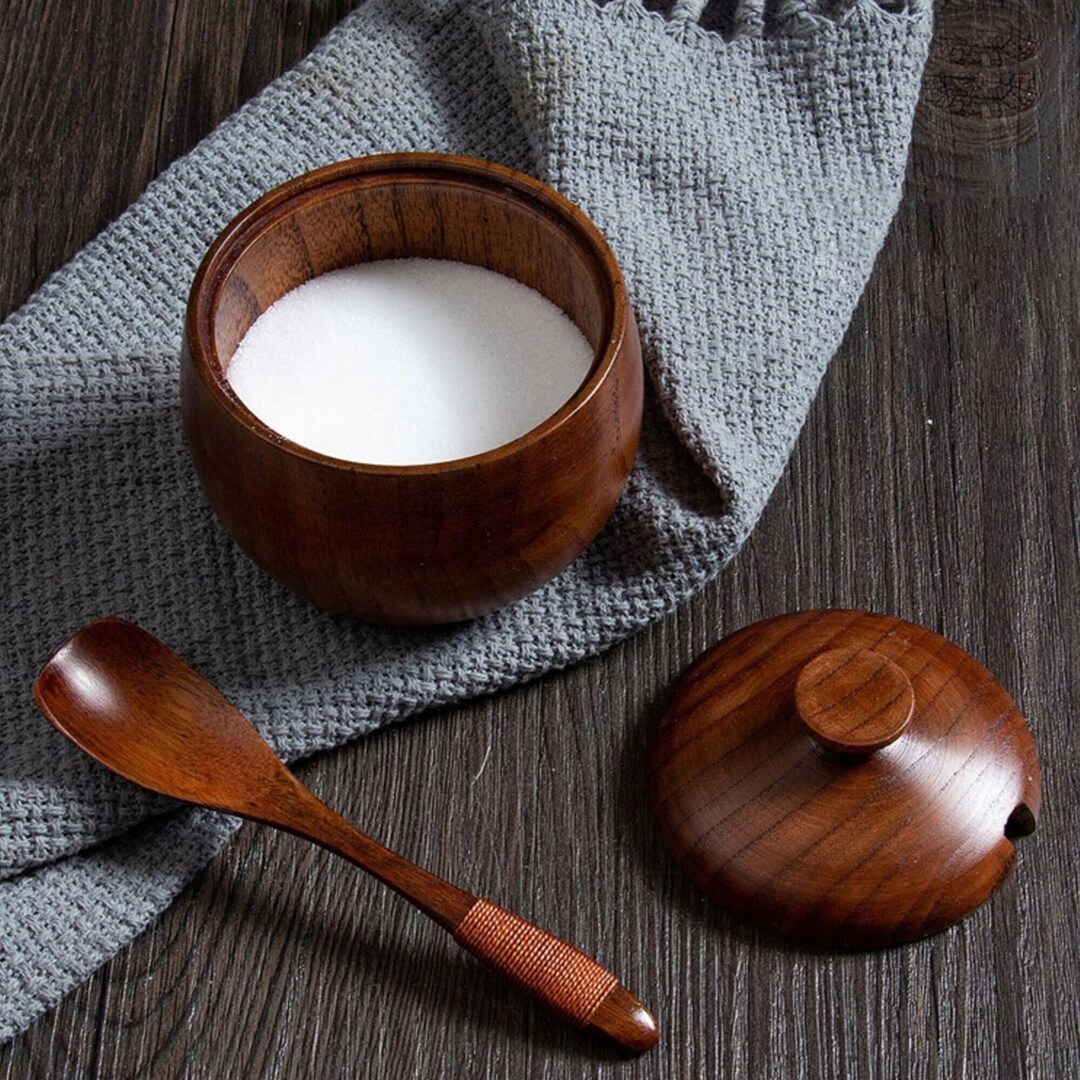 Natural Wooden Sugar Storage Bowl With Lid & Spoon Wooden Sugar Pot