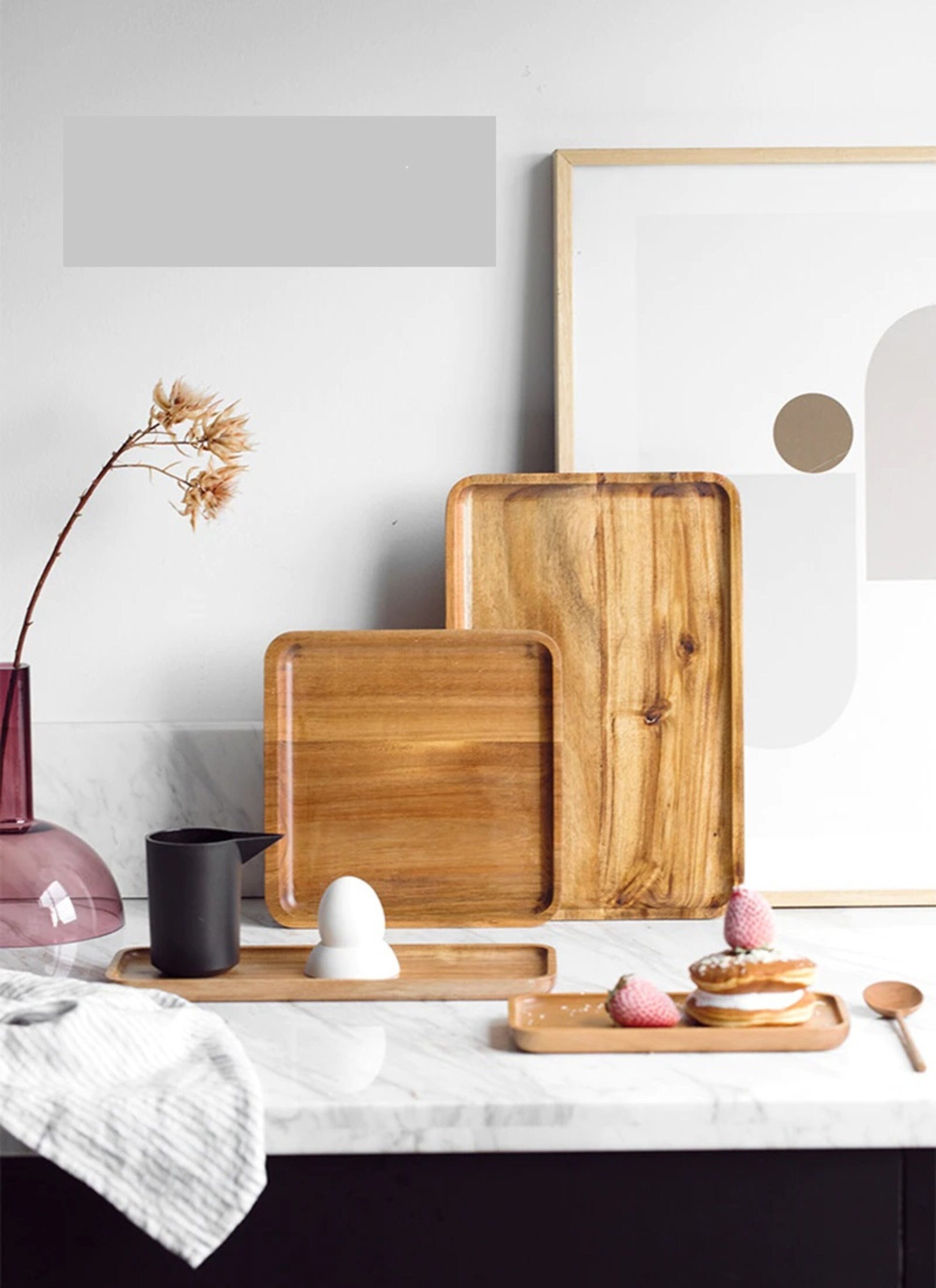 Handmade Wooden Tray Set Acacia Wood Rectangle Serving Tray Acacia