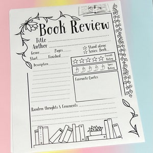 May include: A printable book review template with a black and white floral border. The template includes sections for title, author, genre, pages, start date, finished date, description, stand alone, series, overall rating, spice rating, favourite quotes, and random thoughts and comments.