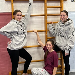 May include: Three young people pose in a gymnasium. Two wear grey hoodies with "ZODIAC ACADEMY" printed on them, paired with black leggings. The third wears a maroon t-shirt and grey sweatpants. A wooden climbing frame is in the background.