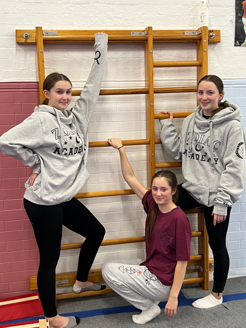 May include: Three young people pose in a gymnasium. Two wear grey hoodies with "ZODIAC ACADEMY" printed on them, paired with black leggings. The third wears a maroon t-shirt and grey sweatpants. A wooden climbing frame is in the background.