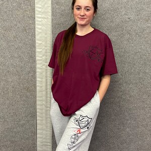 May include: A maroon t-shirt and grey sweatpants. The t-shirt features a shield design with the letters "ZA". The sweatpants have a matching shield design and elemental symbols. The outfit is casual and comfortable, suitable for everyday wear.