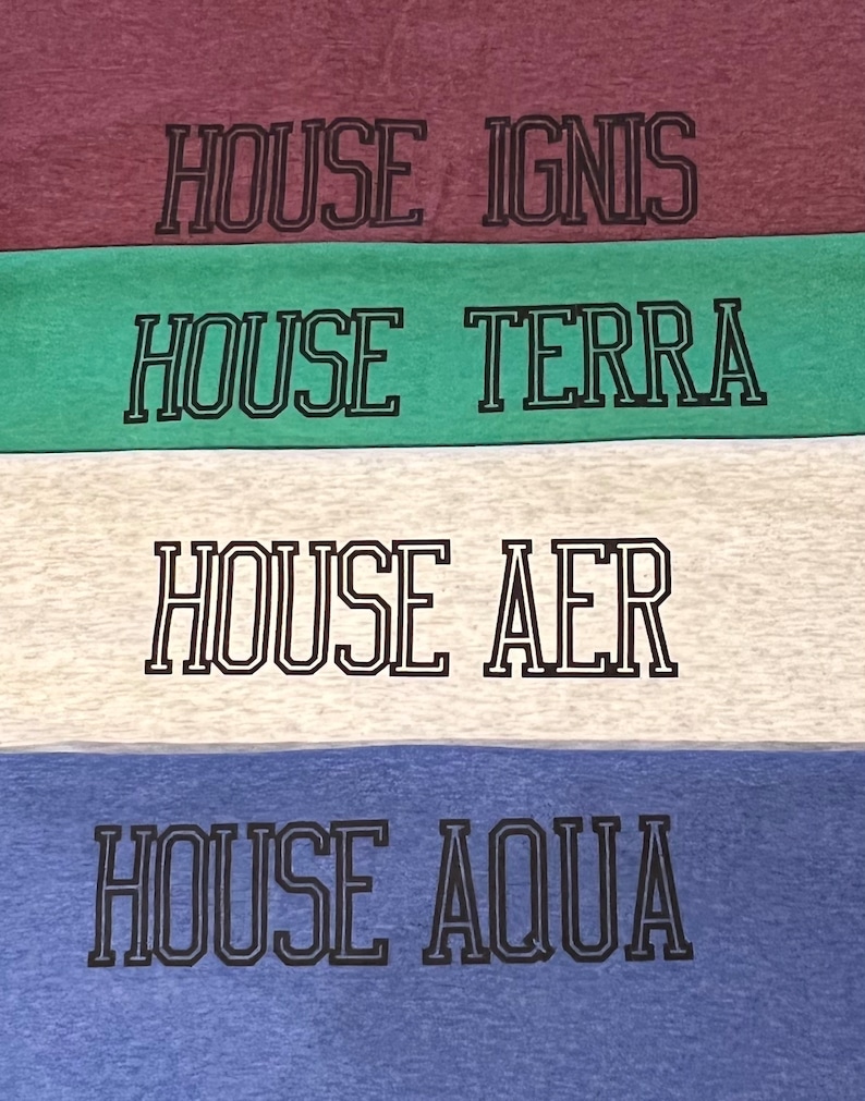 May include: Four fabric swatches in burgundy, green, off-white, and blue. Each swatch features the text "HOUSE IGNIS", "HOUSE TERRA", "HOUSE AER", and "HOUSE AQUA" in a black, outlined font.