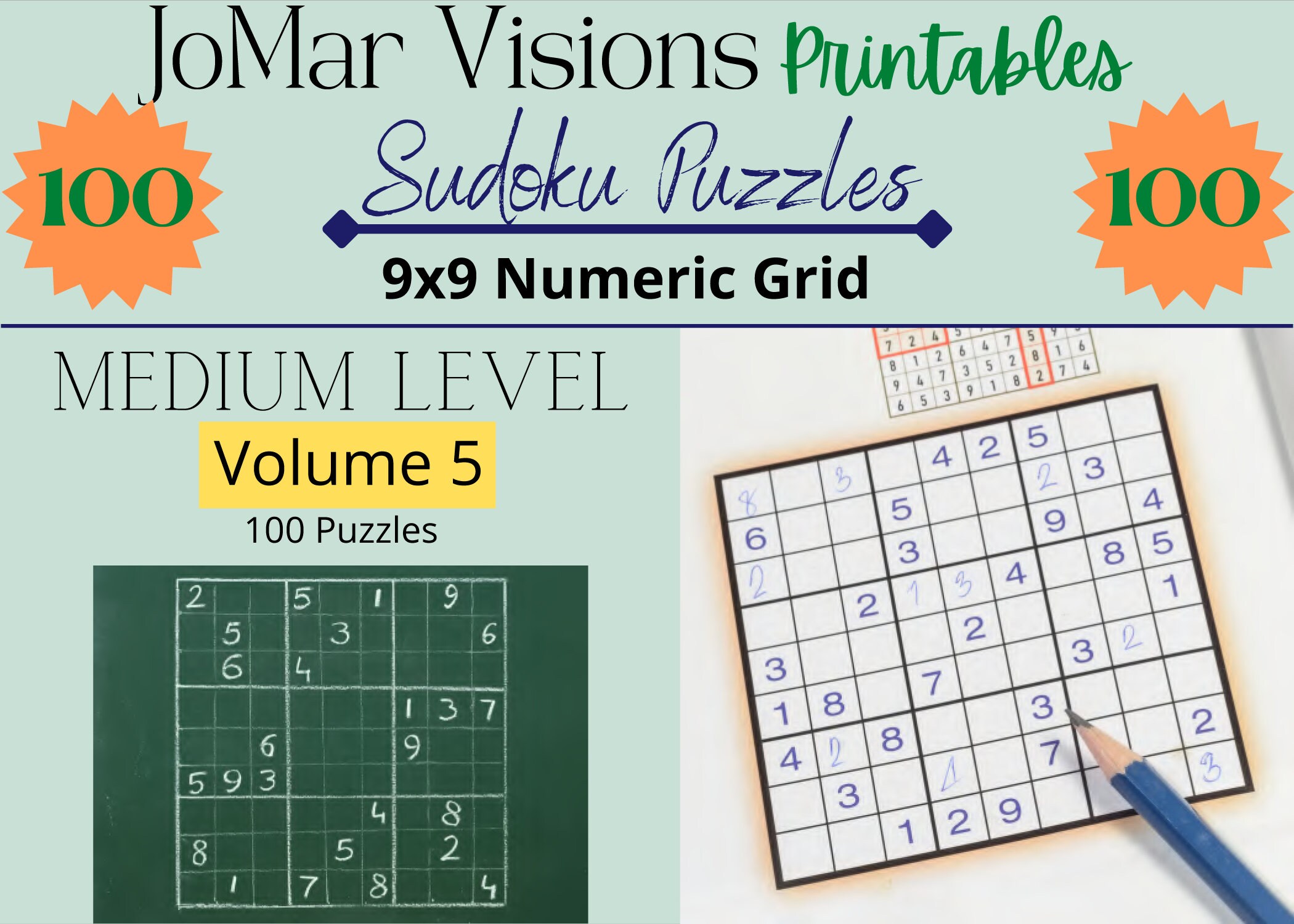 100 Printable Sudoku Puzzles & Solutions Level Medium 9x9 4 Etsy