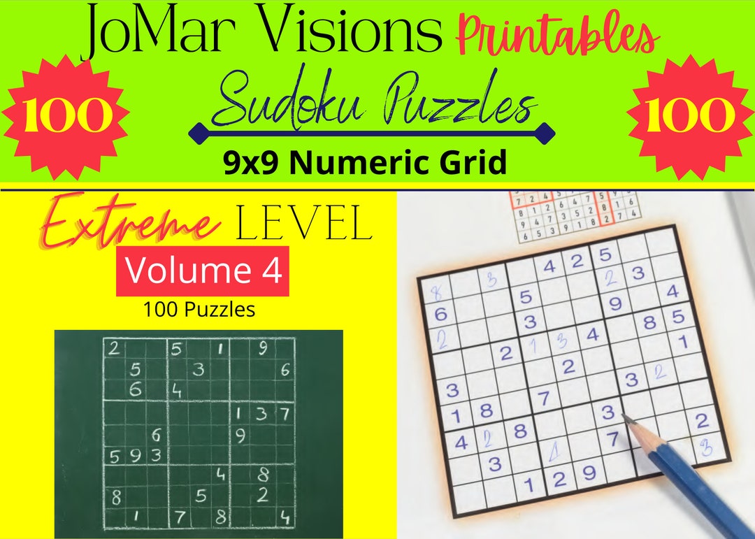 100 Printable Sudoku Puzzles Solutions Level Extreme 9x9 4 Etsy