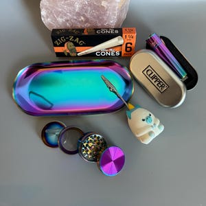 Rainbow Metal Smoker Kit for Adults • Premium Holiday Stocking Stuffer for Her • Holographic Bag, Tray, and Grinder Gift Set for Women