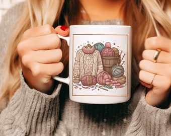 Sweater and Yarn Mug, Mug for Knitter or Crochet,  Gift for Aunt Knitter, Crocheters Gift, Knit Sweater Mug, Fall Mug, Cozy Mug, Gift  Mom