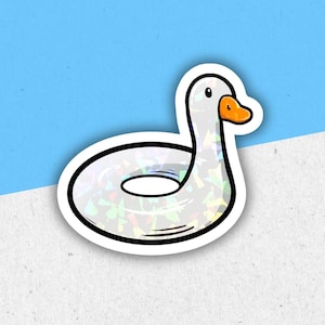 May include: A white inflatable duck pool float with a iridescent finish. The duck has a yellow beak and orange feet.