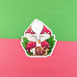 Sticker canard curieux | Autocollants faciles à décoller en vinyle sur le thème Champignons cottagecore | Cadeau mignon de papeterie d'animal de compagnie pour les amoureux des oiseaux ordinateur portable iPad