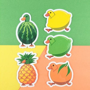 d'autocollants Canards aux fruits d'été | Autocollants en vinyle sur le thème du canard, 5 PCS | Joli cadeau amusant avec des agrumes, des aliments pour animaux, un agenda papier pour ordinateur portable, iPad