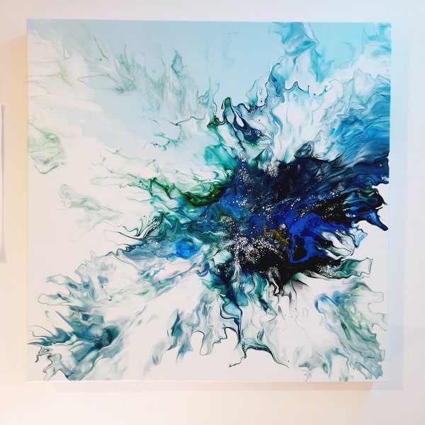 Adulescence | Original Fluid Abstract Painting | 20 x 20 Acrylic Dutch Pour Painting on Canvas | Cool Blue Home Decor Modern Wall Art Gift