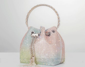 Elegant Rhinestone Bucket Handbag , Chic Colorful Evening Bag , Shiny Crystal Mesh Bag Gift, Party Clutch Purse, Sparkly Bling Handbag