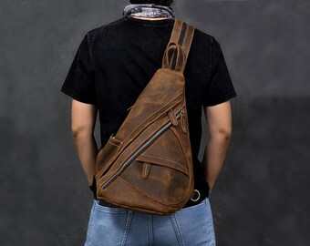 Sac à dos en cuir de vachette véritable - Sac à dos de randonnée en plein air - Sacs à bandoulière en cuir - Sac à dos en cuir véritable pour hommes - Sac à dos de poitrine de voyage