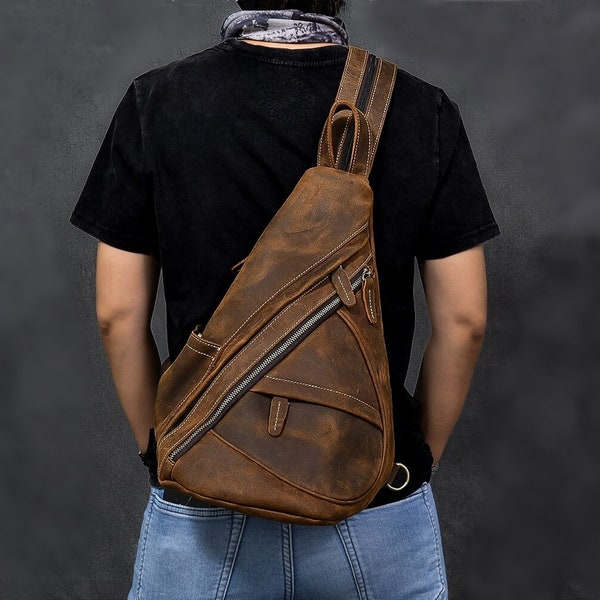 Genuine COWHIDE Leather Backpack -  Outdoor Hiking Chest Pack - Leather Shoulder Bags - Real Leather Rucksack Men - Travel Chest Backpack