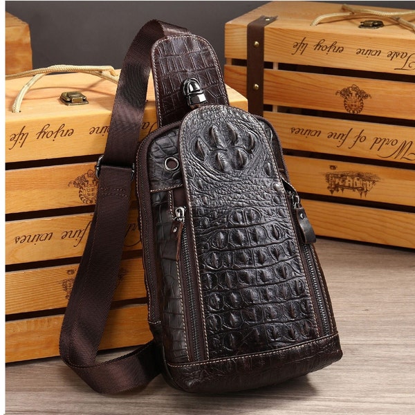 Genuine Leather Shoulder Bags - Mens Alligator Pattern Chest Bags - Leather Sling Bags - Leather Sling Crossbody Bag - Travel Chest Backpack