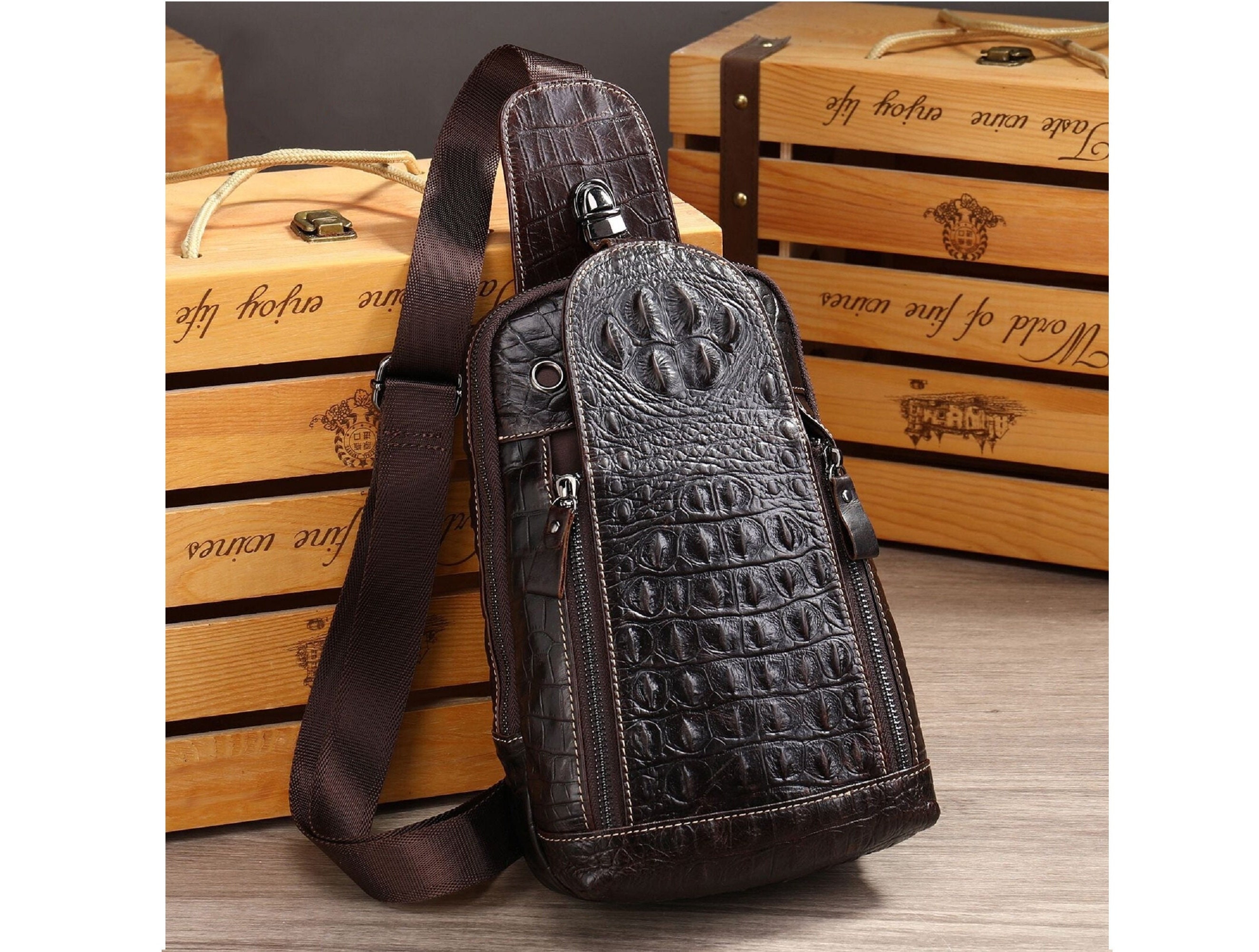 SHOULDER HANDBAG MEN BAG HANDMADE - GENUINE ALLIGATOR CROCODILE LEATHER.  Brown