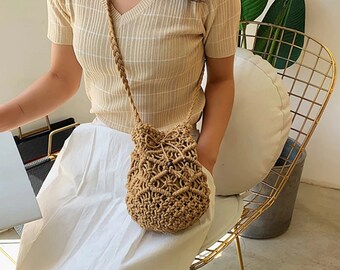 Fashion Hollow Out Straw Bucket Bags - Handmade Knitting Pattern Bags - Ladies Summer Handbags - Beach Bags - Holiday Bags - Hand Woven Bags
