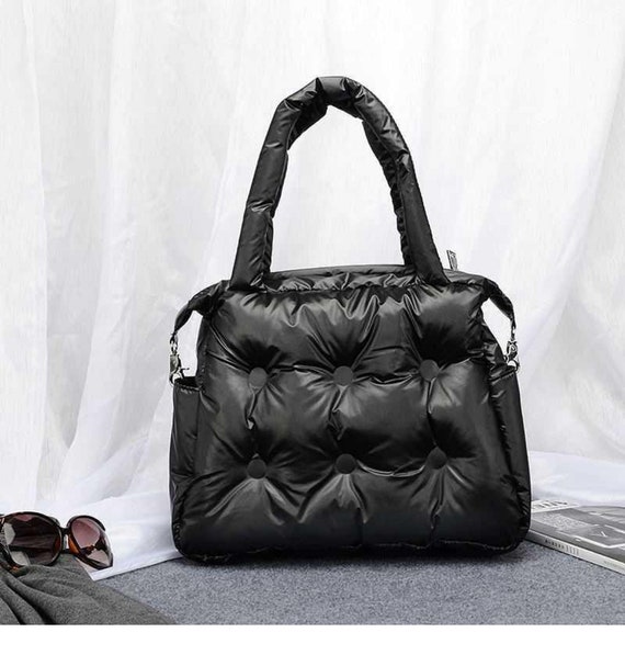 puffer quilted tote bag for women fashion padded shoulder bag large  capacity handbag with chain strap