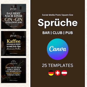Könnte beinhalten: Eine Sammlung von Social-Media-Post-Vorlagen für Bars, Clubs und Pubs. Die Vorlagen zeigen Zitate und Sprüche über Getränke wie Gin, Kaffee, Whiskey und Bier. Das Canva-Logo ist ebenfalls sichtbar.