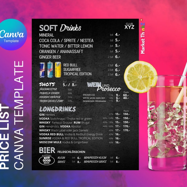 Price List Drinks Card Menu Din A4 Canva Template Bar Club Party Disco Chalk Board Handwritten Style Editable Printable, MarketThinkz