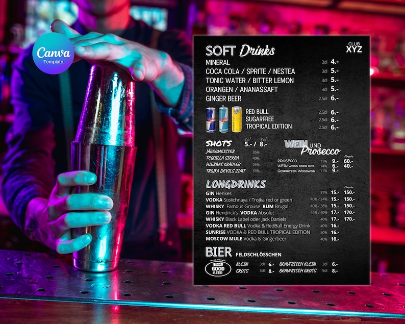 Price List Drinks Card Menu Din A4 Canva Template Bar Club Party Disco ...